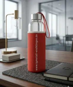 Eco-Friendly Glass Water Bottle with Protective Red Neoprene Sleeve & Carrying Strap – 500ml