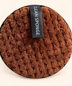 Round Brown Textured Cleaning Sponge — actual item with edited cream background