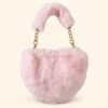 Pink plush mini shoulder bag with furry handle and gold-tone chain