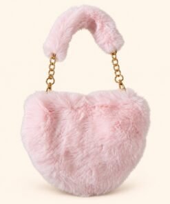 Pink plush mini shoulder bag with furry handle and gold-tone chain