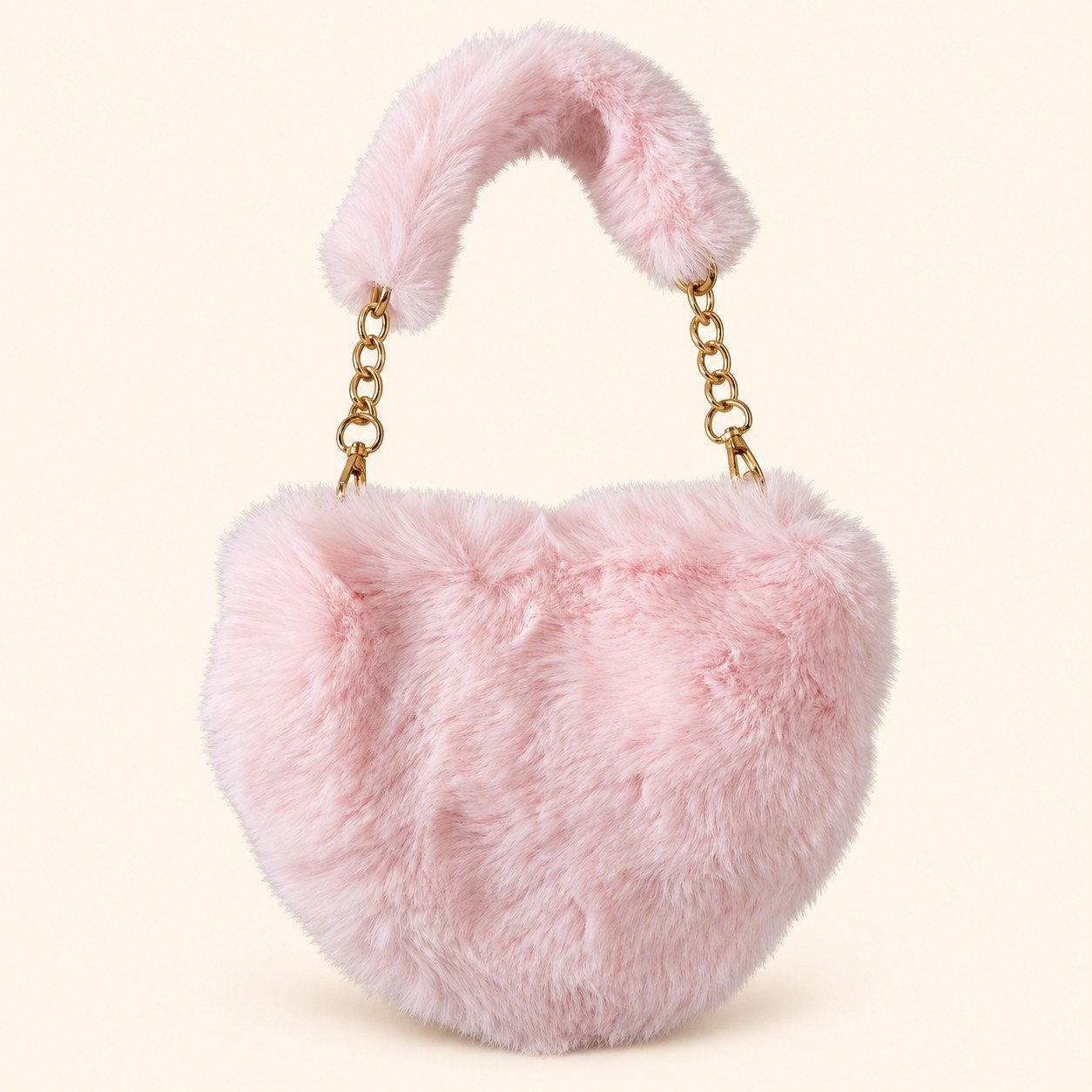 Pink plush mini shoulder bag with furry handle and gold-tone chain